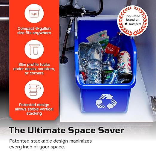 Multi Bin Recycling System with Three Stackable 6 Gallon Recycle Bins to Build Your Recycling Center for Offices, Kitchen, Garages, Businesses - (Red, 3 Pack)
