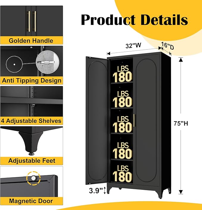 Kitchen Pantry Cabinet,75 Inch Black Metal Storage Cabinet with Door and Adjustable, Tall Pantry Cabinets for Kitchen Storage,Cupboard for Living Room,Dining Room and Bathroom