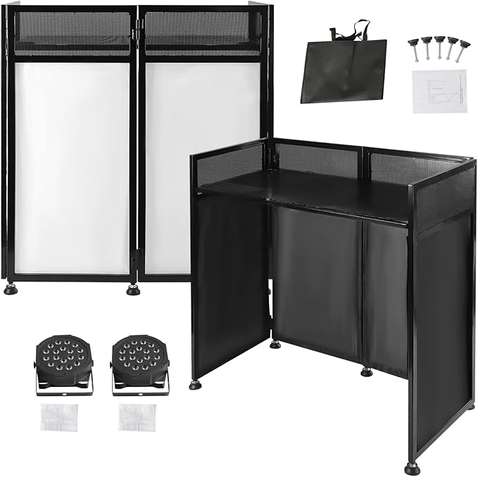 DJ Booth DJ Facade Table Station 82.7x44inch DJ Facade Booth Adjustable Height DJ Stand Foldable Metal Frame DJ Booth Panel DJ Controller Stand with 2LED 7Color Lights 2Scrims and Carrying Bag