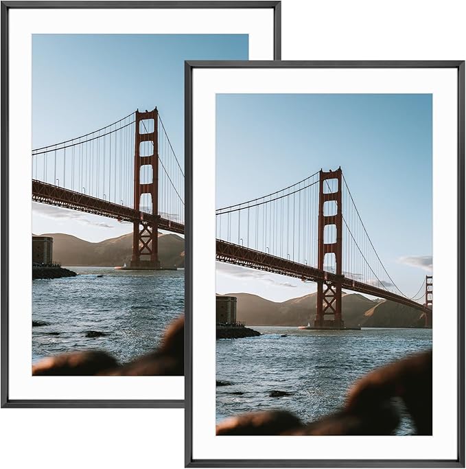 Frametory, 13x19 Metal Picture Frame with Mat for 11x17 Picture & Real Glass, Aluminum Photo Frame Collection (Black, 2 Pack)