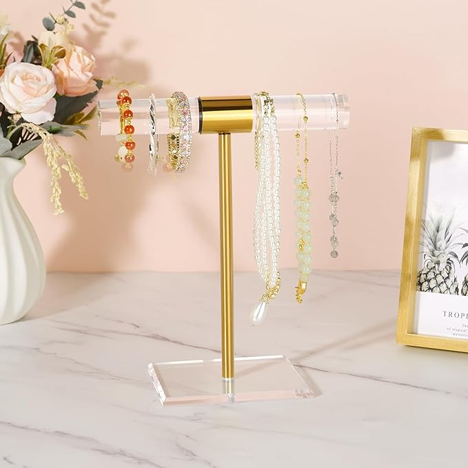 Necklace Holder Bracelet Holder, Gold Acrylic Jewelry Display Stand Crystal T Bar Jewelry Organizer Gift for Women(1-Tier 1pc)