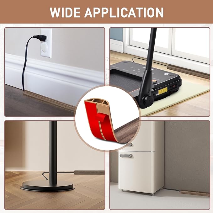 Floor Cord Cover Self Adhesive Cord Hider Floor Extension Cord Covers for Floor Power Cord Protector Cable Management Prevent Cable Trips Cable Cavity 0.51" W x 0.31" H (Smoked Brown Wood, 20Ft)