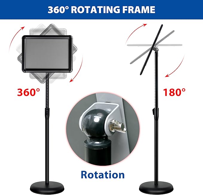 8.5x11 Inch Adjustable Pedestal Poster Sign Stand, Heavy Duty Floor Standing Sign Holder Stand Aluminum Snap Open Frame for Vertical and Horizontal View Sign Displayed (Black, Round)