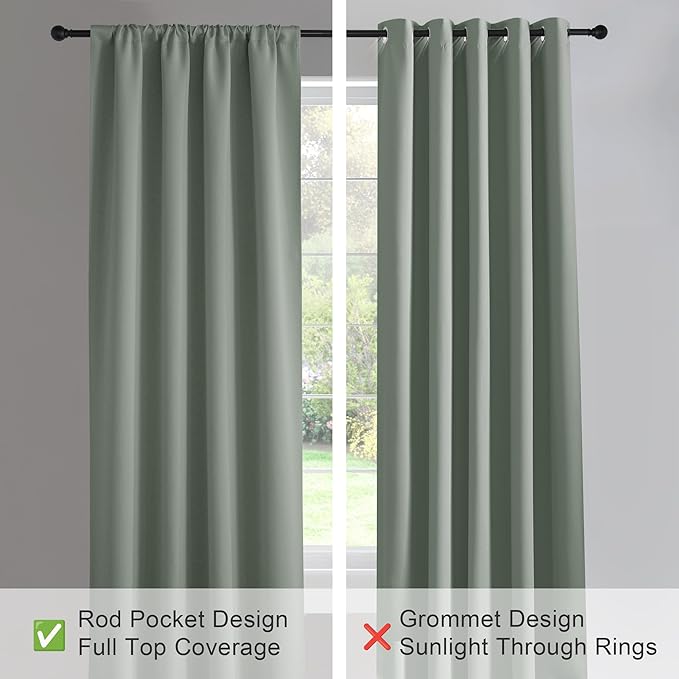 PONY DANCE Sage Green Blackout Curtains for Bedroom 72 inch Length 2 Panels Set, Thermal Insulated Rod Pocket Room Darkening Drapes for Living Room Window 2 Burg, Wide 42 x Long 72 inches