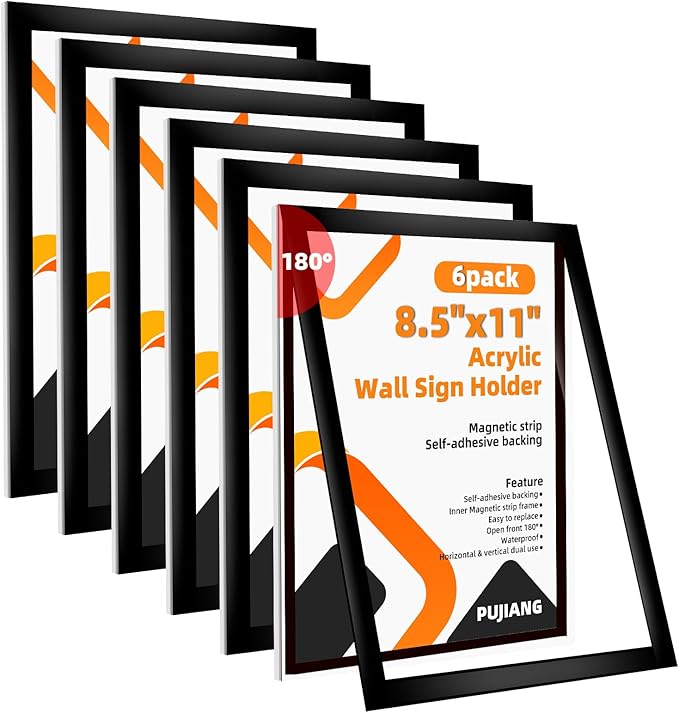 6 Pack Acrylic Sign Holder 8.5x11 Wall Mount,Clear Wall Sign Holder with Tape,Horizontal & Vertical Display,Plastic Sign Holder for Wall Door Glass Window Fridge-No Drilling