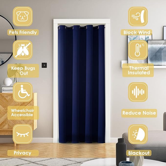 ChrisDowa Blackout Door Curtains for Doorway Privacy, Grommet Closet Curtains for Bedroom Closet Door, Thermal Insulated Doorway Cover Room Divider Drapes (1 Panel, Navy Blue, 52 x 80 Inch)