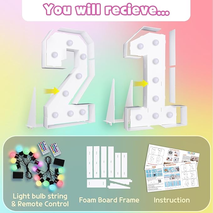 Marquee Numbers 21st Birthday Decoration: Colorful 3FT Large Light Up 21 Year Old Birthday Decorations Anniversary Backdrop Cardboard Sign 18 Colors Number 21 Mosaic Balloon Frame