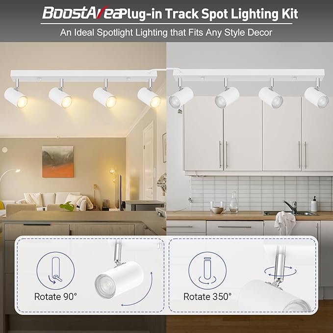 BoostArea LED Track Lighting Ceiling Fixtures, White 4-Light Plug in Track Lights for Kitchen, 4 Way Ceiling Spotlight, 15 FT Cord,Flexibly Rotatable Wall Mount Light Head for Bedroom Hallway