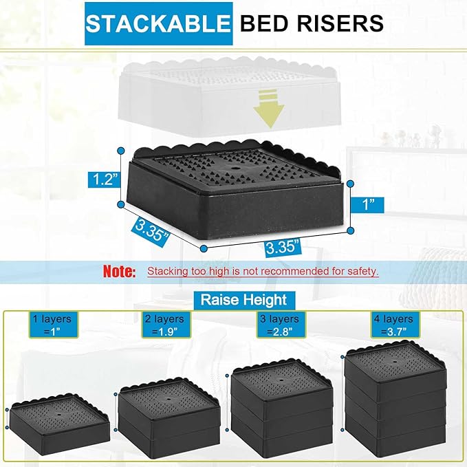 Bed Risers 1 inch, 2 inch, 3 inch, 4 inch Heavy Duty, Adjustable Furniture Riser for Table Desk Couch Sofa Chair Recliner Leg Frame Dorm, Stackable Bed Raisers Blocks (Black 6 Pack, 2 inch)