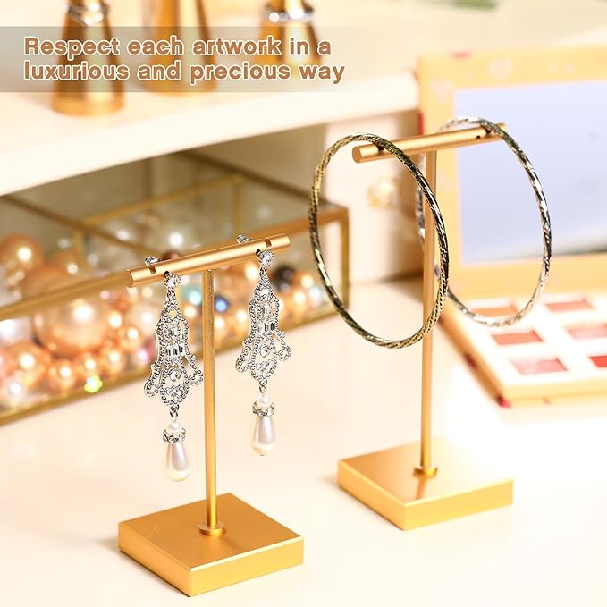 Kigeli 6 Pack Metal Bar Earring Display Stand Retail Earring Display Holder Detachable Metal Display Storage Rack Jewelry Photography Prop, Square Base, Height 4.3" and 5.1"(Gold)