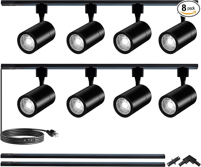 H Type LED Track Lighting Heads Kit, 8 Heads 20W 2700lm High Brightness Track Lighting System with 9.8ft (4.92 * 2) Track Rail, 6000K Cool White Adjustable Angled Spotlight