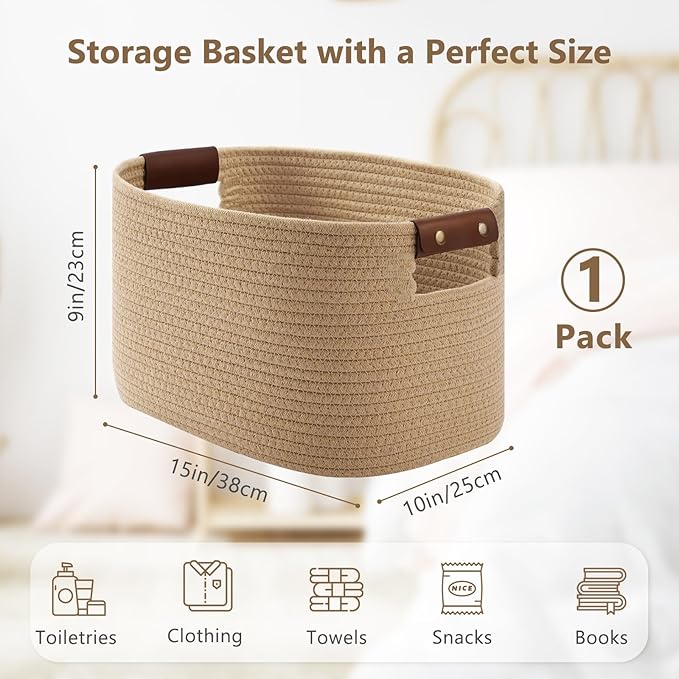 Cotton Rope Basket, Storage Baskets with Handle, 15x10x9 Inch Woven Basket for Shelves, Laundry, Towels, Clothes, Books (Jute/Brown 1Pack)