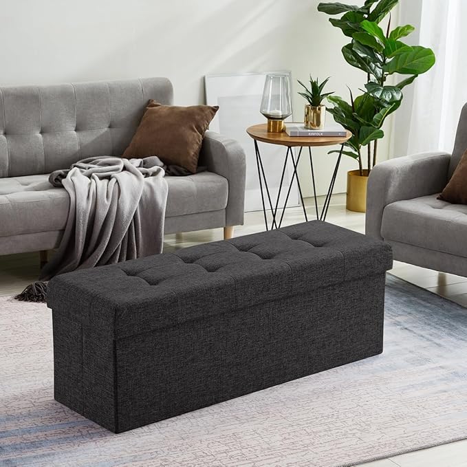 Ornavo Home Foldable Tufted Linen Large Storage Ottoman Bench Foot Rest Stool/Seat - 15" x 45" x 15" (Black)