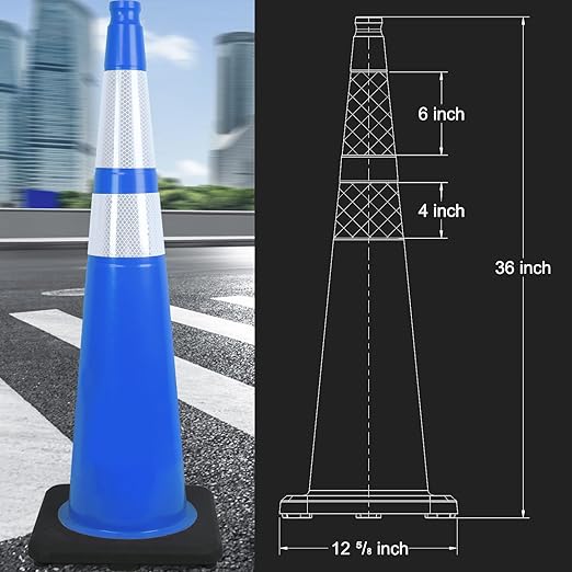 6 Pack 36" Large-Sized PVC Traffic Cones with Heavy-Duty Black Base, Garage Parking Lot Cones Structurally Stable Weatherproof Road Construction Safety Cones (6, Blue, 36" Extra Large)