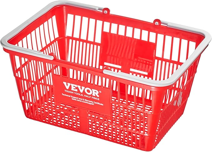 VEVOR Set of 20, 21L Red Plastic Grocery Basket with Handle and Stand, 16.5 x 11.8 x 8.27 inch Portable Shop Basket, Ideal for Retail Store, Supermarket, Grocery Shopping