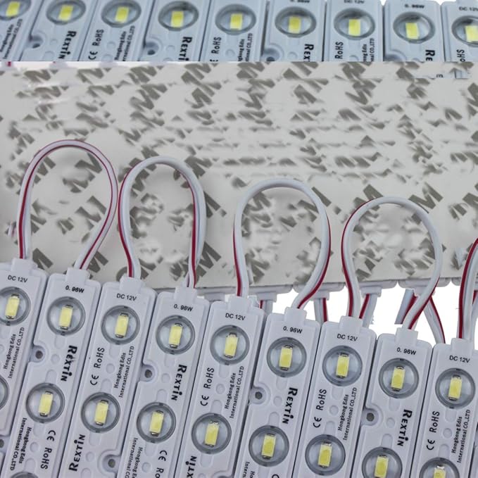 REXTiN Super Bright 200pcs 3 LED Module Blue 5630 5730 SMD 40-45LM Per led Waterproof Decorative Light for Letter Sign Advertising Signs with Tape Adhesive Backside