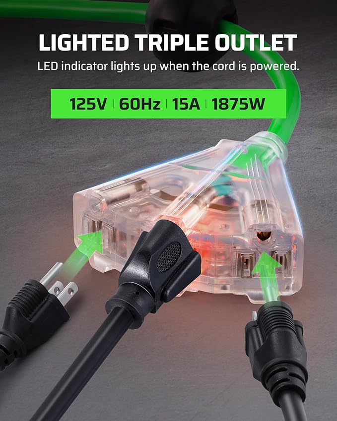 DEWENWILS Retractable Extension Cord Reel, 40 FT Heavy Duty Power Cord, 12/3C SJTOW Retractable Cord Reel, Lighted Triple Tap Outlets, 15A Circuit Breaker, Wall/Ceiling Mount, UL Listed, Green
