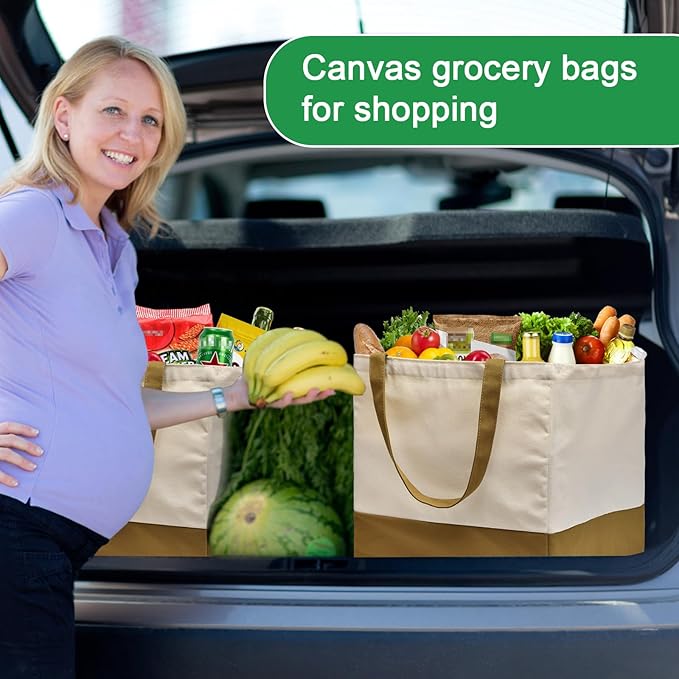 3 Pack Canvas Reusable Grocery Bags Heavy Duty, 8.3 gal Foldable Large Tote Bag with Handles, Holds 60 lbs Canvas Shopping Bags & Washable Eco-friendly Bags with 5 Pockets, camel+Off white