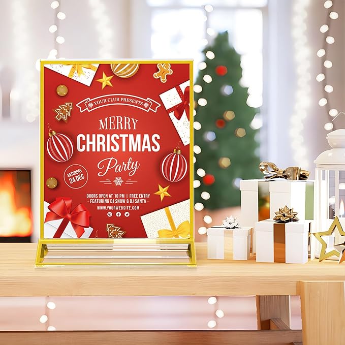 Acrylic Sign Holder 8.5 x 11, 12 Pack Double Sided Flyer Holder, Table Menu Holder Display Stand for Wedding, Party, Gold Picture Frame Stand up Table Top Menu Holder