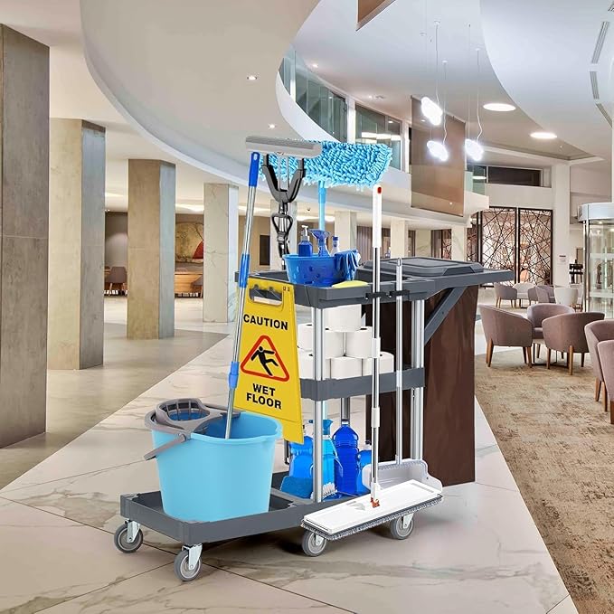 3 - Shelf Heavy - Duty Commercial Janitorial Cart with Wheels - 16 - Gallon Trash Bag Included, 220 Lbs Capacity, Perfect for Hotels, Schools, Apartments and More