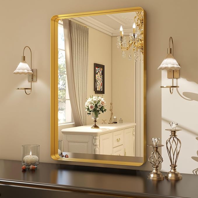 30 x 22 Inch Gold Bathroom Mirror for Wall,Aluminum Alloy Frame Rectangular Wall Mounted Mirror for Farmhouse Decor Horizontal or Vertical Ideal for Bedroom, Living Room