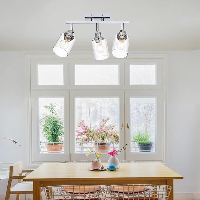 3-Light Track Lighting Kit Ceiling Kitchen Track Lighting Fixtures Chrome Bathroom Vanity Wall Lights with Clear Glass Multi-Directional Rotating Tracking Light Heads Spotlight for Accent Shop