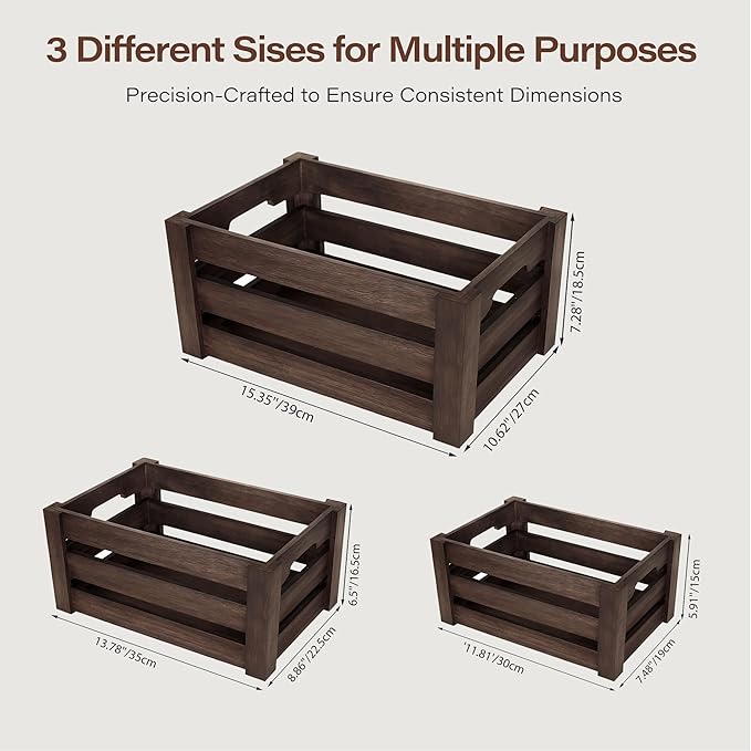 Set of 3 Rustic Wooden Nesting Crates – Farmhouse Decorative Storage Boxes for Shelves, Countertops & Tabletop Display (L/M/S)