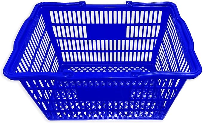 Stackable Plastic Shopping Baskets, Red and Blue, Easy-Grip Handles for Grocery, Retail, Liquor Stores, Home Use (6-pack, Blue)