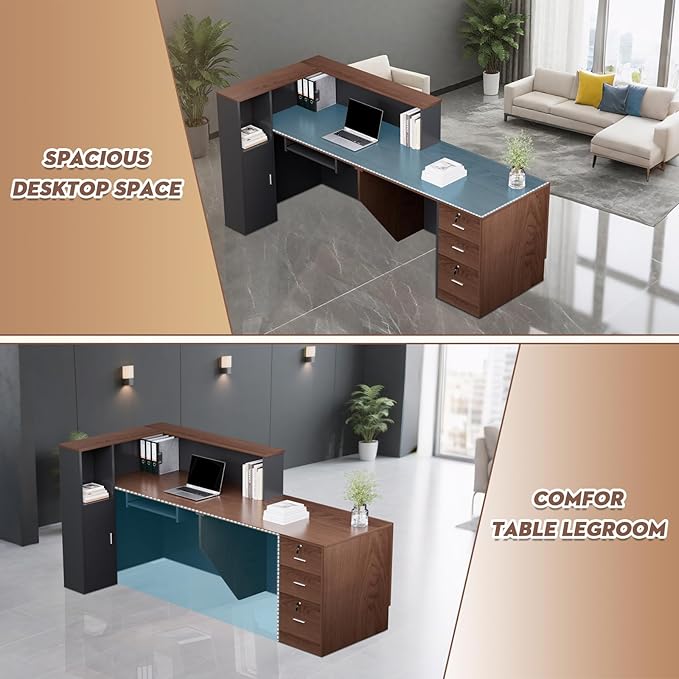 L-Shaped Modern Reception Desk with Counter & Storage - 84" Large Office Front Desk, Salon Checkout Counter with Lockable Cabinets, Shelves (Brown & Black, Right - 84''L x 34''W x 41''H)