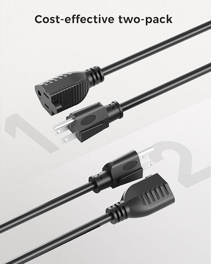 [ETL Listed] Cable Matters 2-Pack 16 AWG Heavy Duty 13A Power Extension Cord - 10ft, 3 Prong Power Cord Extension, NEMA 5-15P to NEMA 5-15R, Black