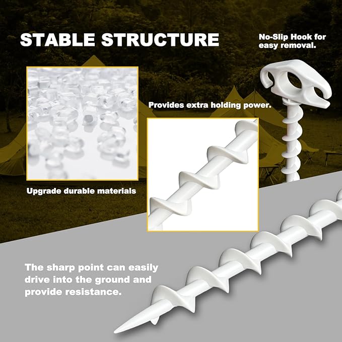 Tent Stakes Ground Anchors Screw in, 6 Pack Sand Stakes for Beach 9.4 Inch Heavy Duty Spiral Tent Pegs for Camping, Party, Hiking, Outdoor Decoration (6, White)