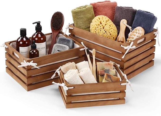 3 Pack Wooden Crates with Liner, Multiple Sizes Wood Crates Decorative Storage Baskets Rustic & Farmhouse Decor for Display Home Pantry Bathroom Cabinets Kitchen Laundry Room Organizing