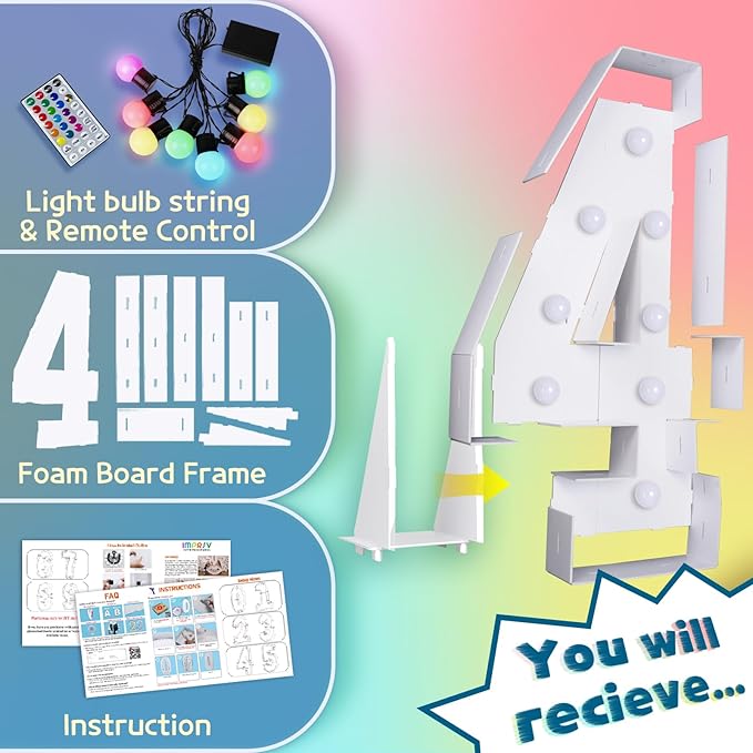 imprsv 3FT Colorful Marquee Numbers,18 Colors with Remote, Light Up Numbers 4 for 4th 40th Birthday Decorations Anniversary Party Decor, Pre-Cut Foam Board Kit, Mosaic Sign for Balloon