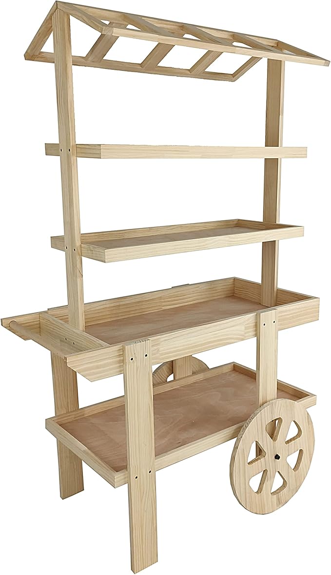 FixtureDisplays® Flower Cart Vending Cart Farmers Market County Fair Wagon Wood Stall Stand Rolling Shelf Retail Booth Kiosk 42.0" Long x 68" Tall x 25.0" Wide 19402