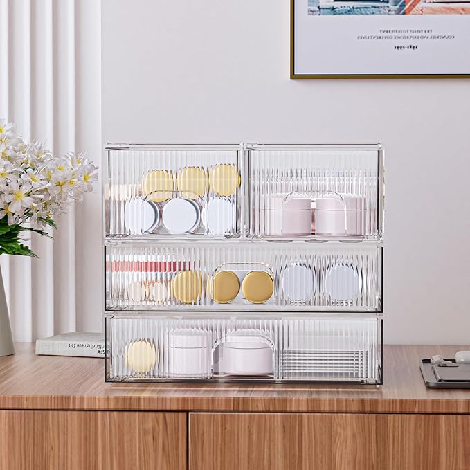 ZHIAI Stackable Storage Box, Acrylic Organizer, Cosmetic Organizer for Cosmetics and Beauty Products for Dressers, Bathrooms, Cabinets, Bedrooms and Home Organization 4 Piece Set