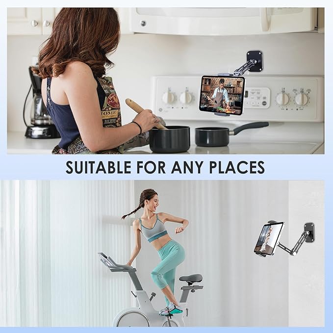 Tablet Wall Mount Holder, Aluminium Extendable iPad Wall Holder, with 360°Rotating Base Adjustable and Foldable for iPad Pro Air Mini, Galaxy Tab, All 4.7-13" Phones and Tablets