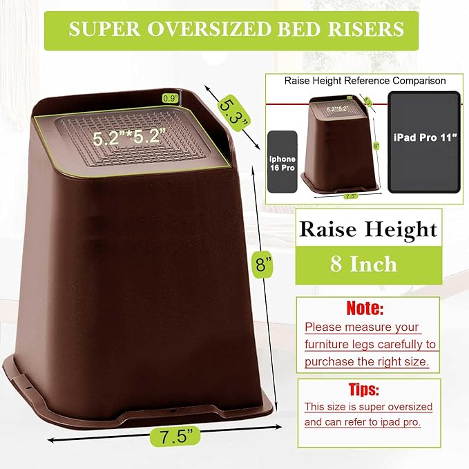 Bed Risers 1 inch, 2 inch, 3 inch, 4 inch, 6 inch, 8 inch Heavy Duty, Oversized Furniture Riser for Couch Sofa Table Chair Leg Frame Dorm, Support up to 6000 Lbs (Chocolat Brown 8 Pack, 8 inch)