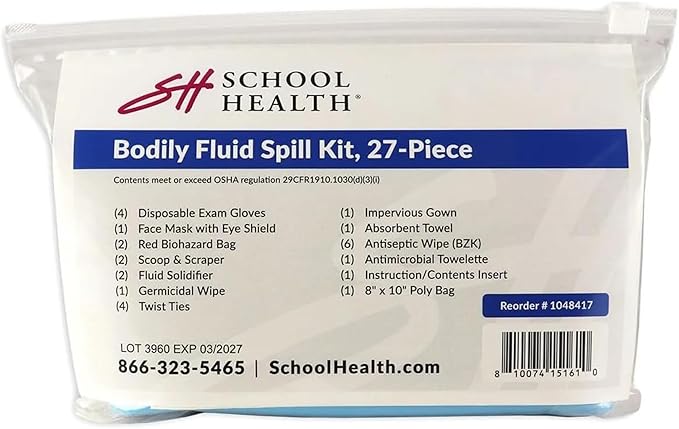 School Health 27‑Piece Bodily Fluid Spill Clean Up Kit – Bloodborne Pathogen Protection with PPE, Biohazard Bags & Wipes – OSHA Compliant Response Kit for Schools, Clinics & Infectious Materials