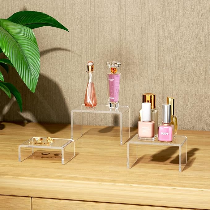 NIUBEE Acrylic Display Risers Stand 2 Sets,3 Steps Clear Riser Shelf Showcase for Amiibo Funko POP Figures -3"x3"x4"