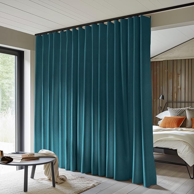 Room Divider Curtains Total Blackout Privacy Curtain Panel Room Thermal Insulated Noise Reduction Curtains for Bedroom Window Living Room Ceiling Track Curtain W 12.5 ft × H 8ft Azure Blue