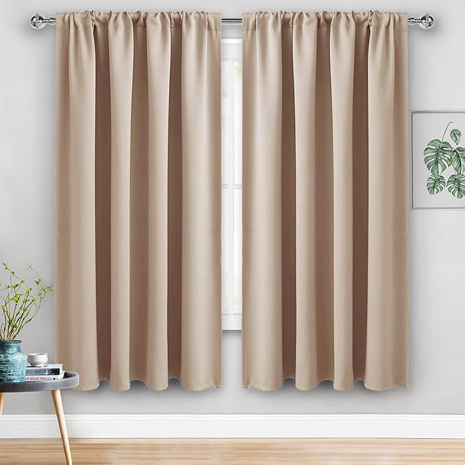 JIUZHEN Blackout Curtains for Bedroom - 60 Inch Wide Thermal Insulated Room Darkening Privacy Soundproof Curtains for Living Room, Set of 2 Panels with Tiebacks, 60 x 63 inches, Beige