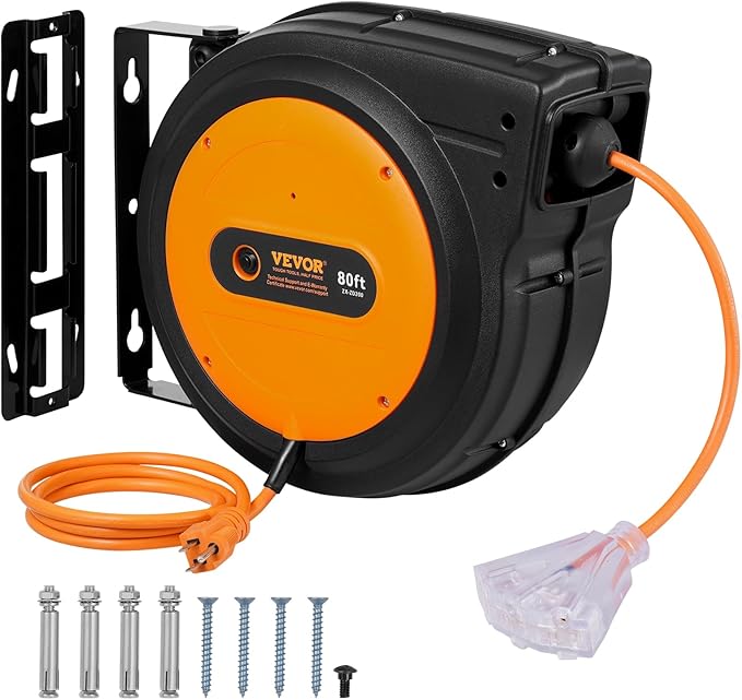 VEVOR Retractable Extension Cord Reel, 80 FT, Heavy Duty 12AWG/3C SJTOW Retractable Power Cord with Lighted Triple Tap Outlet, 15 Amp Circuit Breaker 180° Swivel Bracket for Ceiling or Wall Mount