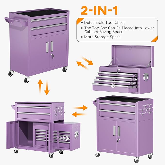 INTERGREAT Tool Chest, Assembled 8-Drawers Rolling Tool Chest with Wheels, Detachable Top Tool Box, Tool Cabinet for Repair Room,Warehouse, Rolling Tool Box with Hooks,Tray Divider,Liners(Purple)