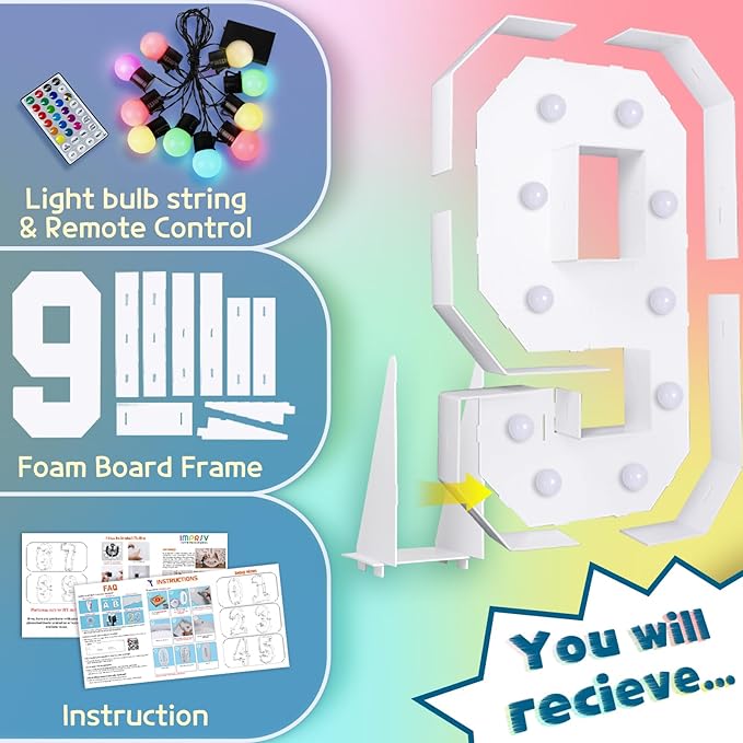 imprsv 4FT Colorful Marquee Numbers,18 Colors with Remote, Light Up Numbers 9 for 9th 90th Birthday Decorations Anniversary Party Decor, Pre-Cut Foam Board Kit, Mosaic Sign for Balloon