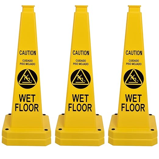 OrangeStar 6-Pack 28" Wet Floor Caution Cones, Yellow 4-Sided Bilingual Warning Message Safety Traffic Cones with Heavy Rubber Base for Indoor/Outdoor Use
