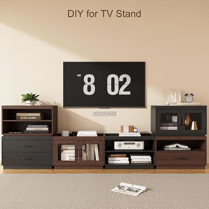 Stackable Storage Drawers, 28" Wide Storage Bins with 2 Doors for Closet Organizers, Wood Stackable Closet Organizer Modern Large Stackable Storage Units for Living Room Hallway Bedroom, Brown