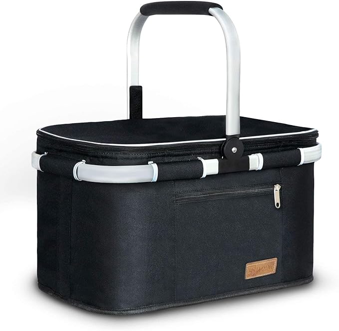 LIQING 35L Large Picnic Basket 2 Layers of Internal Pockets Leak-Proof and Insulated ，Folding with Internal Support for enhansed Stability, Wedding Gifts for Couple(Black)