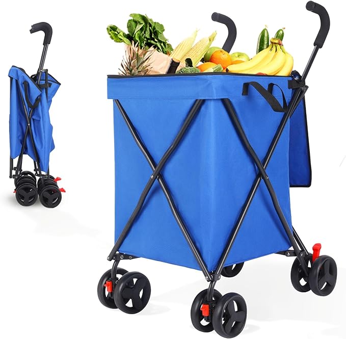 27 Gal/180 LBS Capacity Shopping Cart, Upgrade Huge Grocery Cart on Wheels,Heavy Duty Foldable Utility 360° Rolling Swivel Wheels for Shopping Picnic Groceries Laundry (Blue)
