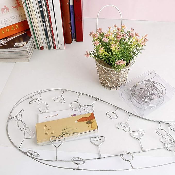 TFu Multi-Purpose Steel Wall Hanging Photo Display Cable Wire Rod String with 12 Clips for Hanging Photos Notes and Artworks (Heart Shape Clip)