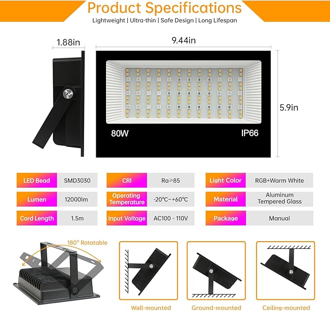 LED Flood Light Outdoor 80W, 800W Equivalent 8000LM Color Changing Stage Spotlight with APP Control, DIY Scenes - Timing - Warm White 2700K - Smart RGB Landscape Uplight, 43 Modes, IP66 Waterproof